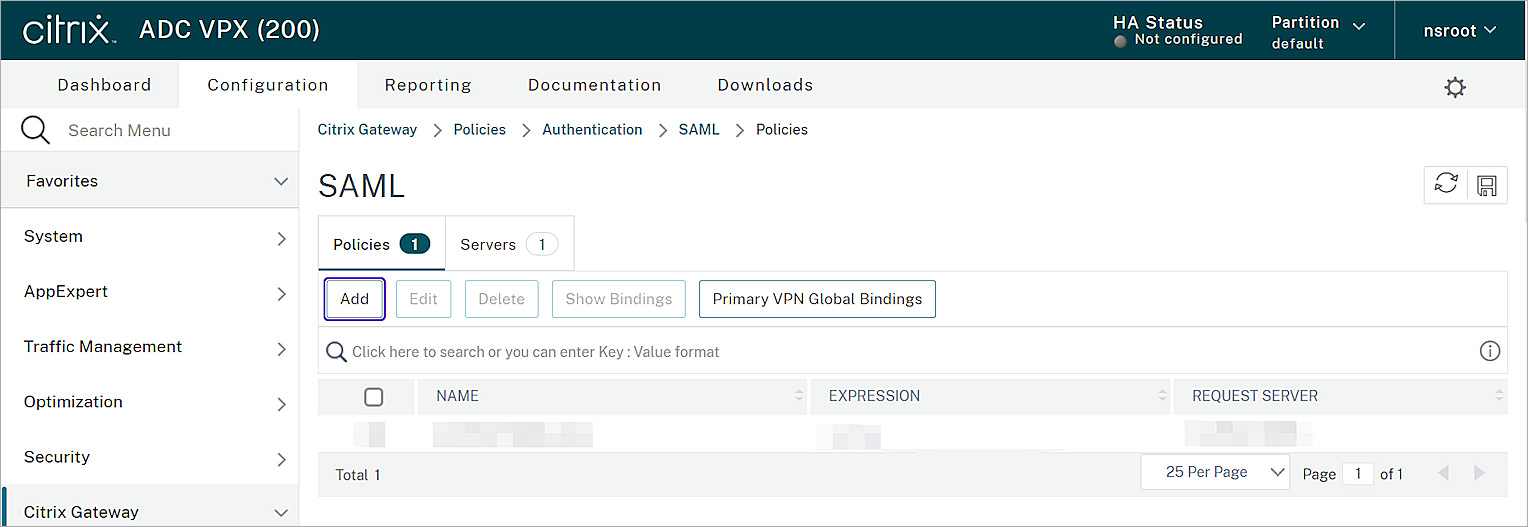 Screen shot of the creat authentication SAML Policies